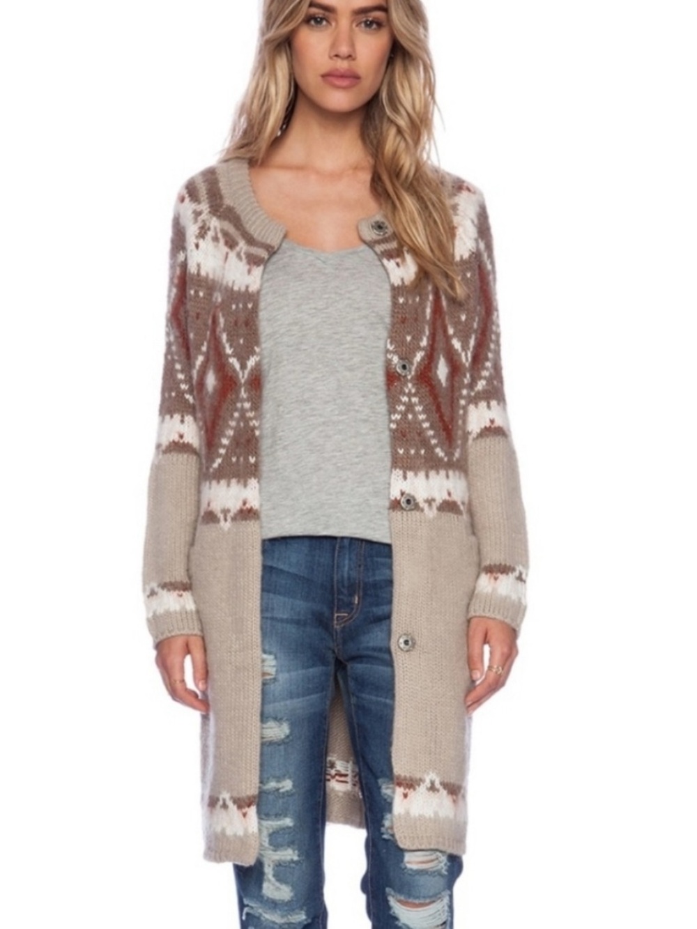 Free People Beige and Rust Geometric Knit Cardigan